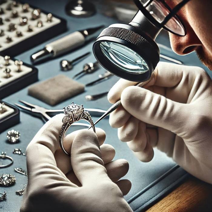 Jeweller inspecting a diamond ring closely